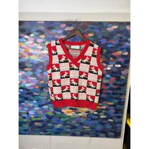 Vintage Sweater Loft Scottie Dog Knit Vest Red Black White Checkered V-Neck L